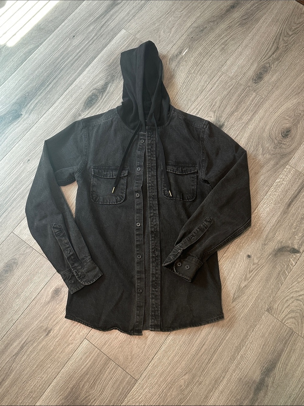 No Boundaries Black Hooded Button-Up Denim Jacket